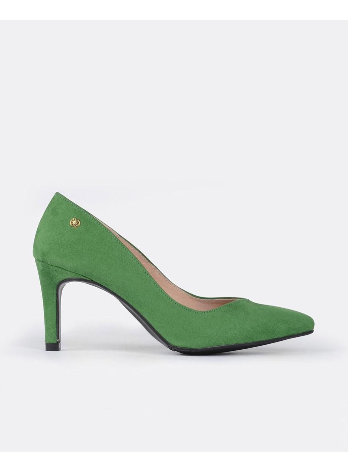 Zapato de fiesta salón verde en ante tacón bajo