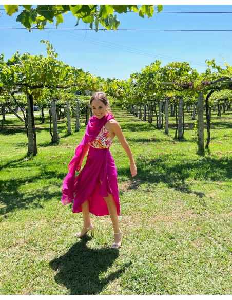 Cape de fête longue en mousseline de soie fuchsia