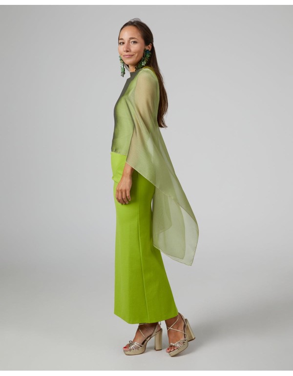 Long layer in pistachio green cationic gauze with double...
