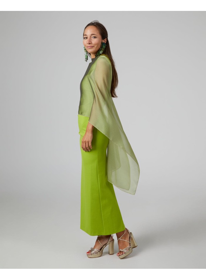 Long layer in pistachio green cationic chiffon with double thread