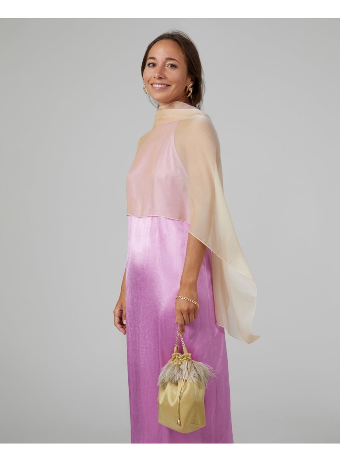 Short cape in light gold cationic double thread chiffon