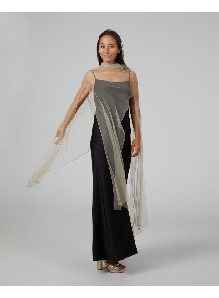 Long party cape in beige tulle with side slits