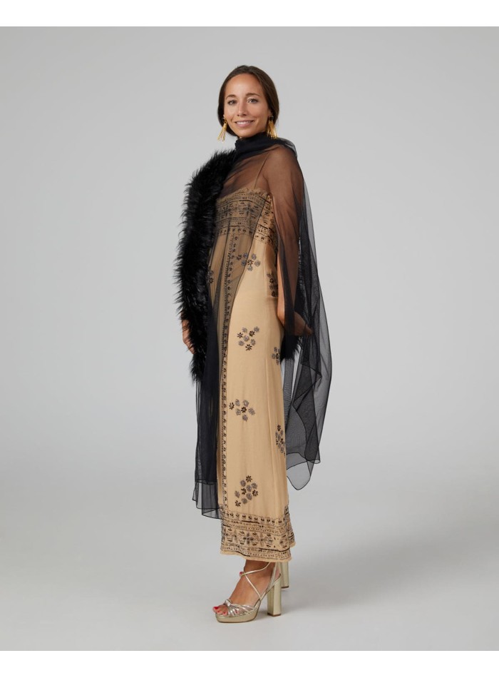 Long party cape in black tulle with side slits