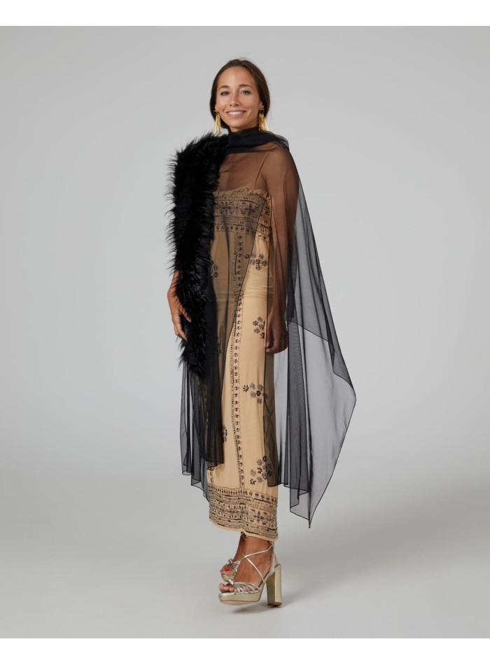 Long party cape in black tulle with side slits