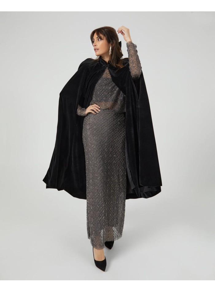 Black velvet midi cape with neckline closure