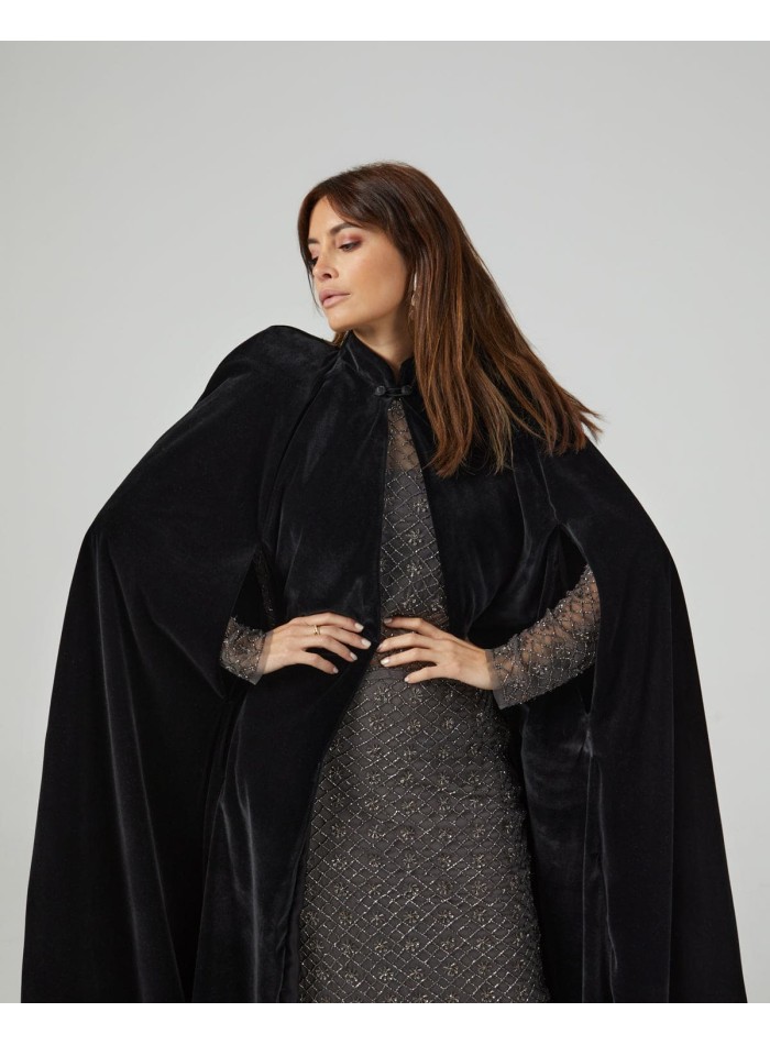 Black velvet midi cape with neckline closure