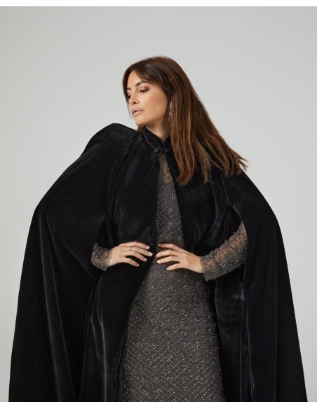 Black velvet midi cape with neckline closure