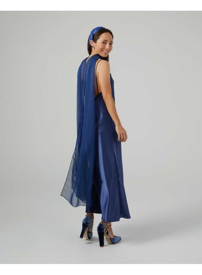 Midi cape in navy blue chiffon and double thread