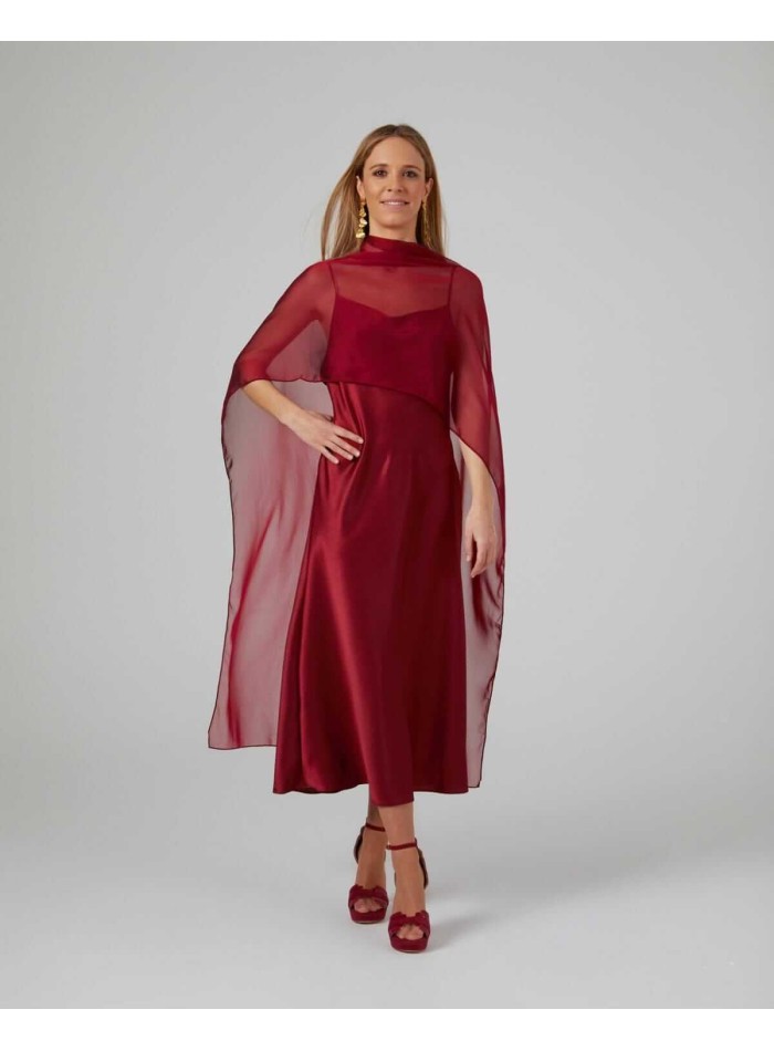 Maroon midi cape in cationic chiffon and double thread