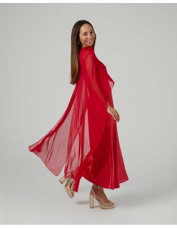 Red midi layer of cationic chiffon and double thread