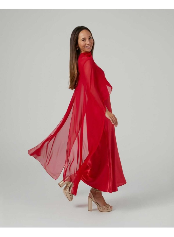 Red midi layer of cationic chiffon and double thread