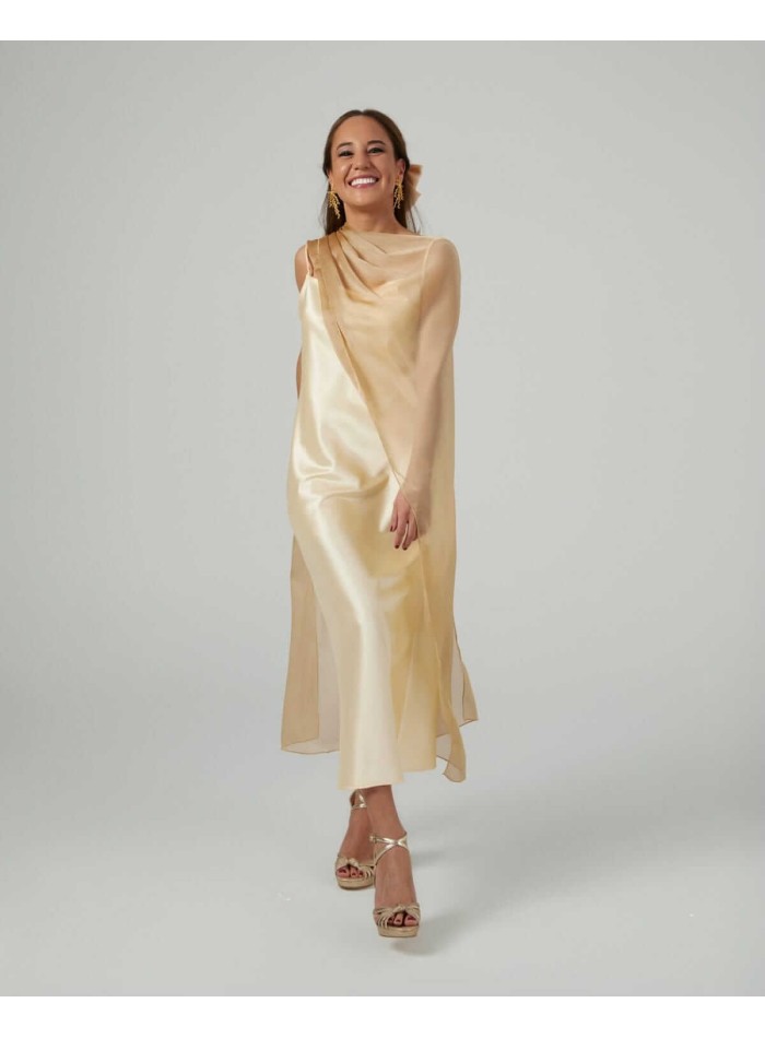 Cationic chiffon midi cape with double golden threads