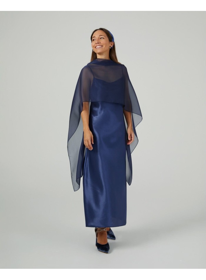 Long cape in navy blue cationic chiffon with double thread