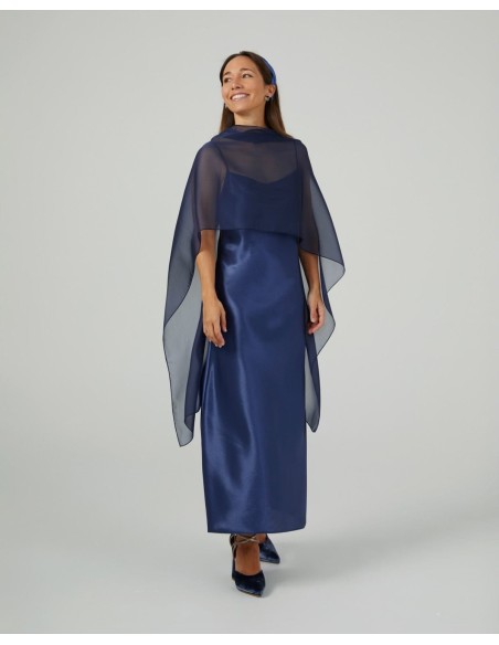 Long coat in navy blue cationic gauze with double yarns