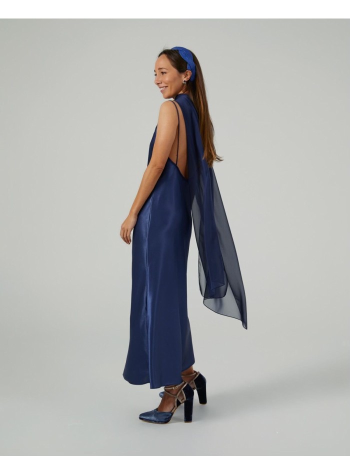 Long coat in navy blue cationic gauze with...