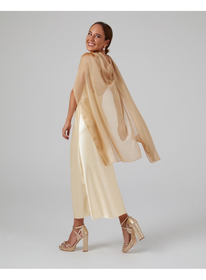 Long cape in gold cationic chiffon with double thread