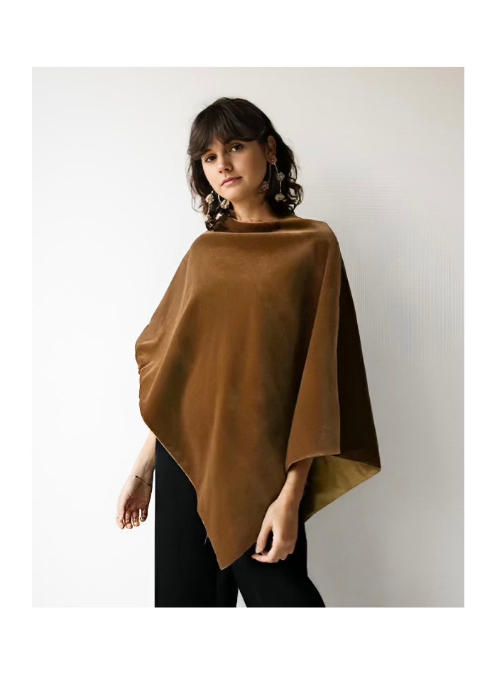 Poncho court réversible en velours marron, réversible