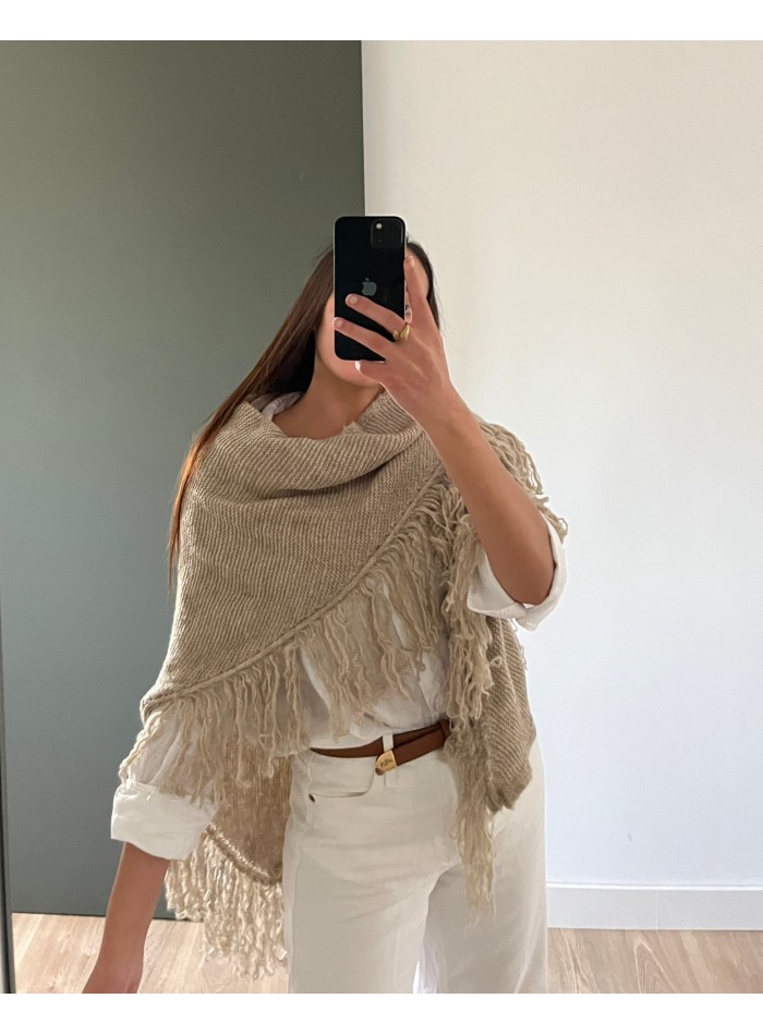 Poncho court frangé beige multiposition