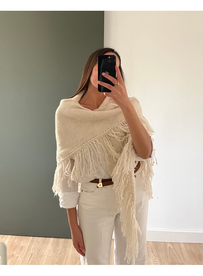 Poncho à franges en laine blanc cassé multiposition