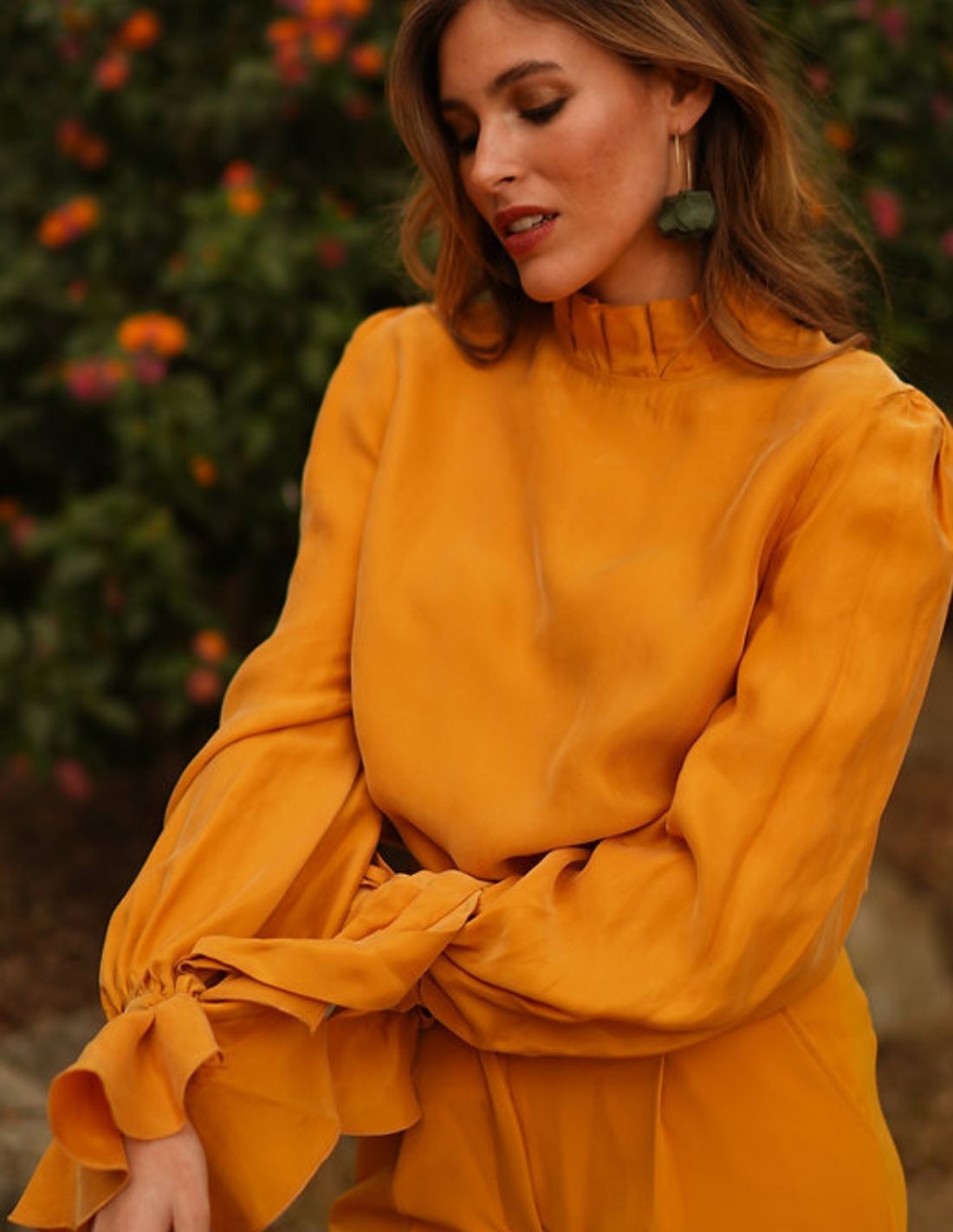 mustard ruffle blouse
