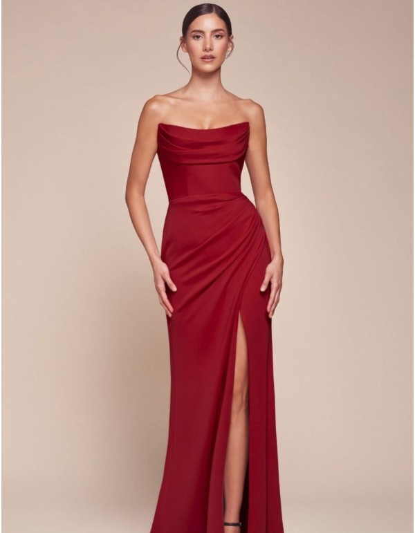 Maxi dress with strapless neckline and draping effect