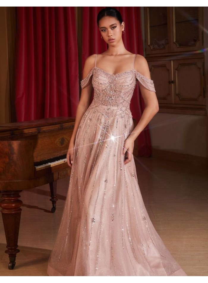 Maxi tulle dress with rhinestones and flared skirt