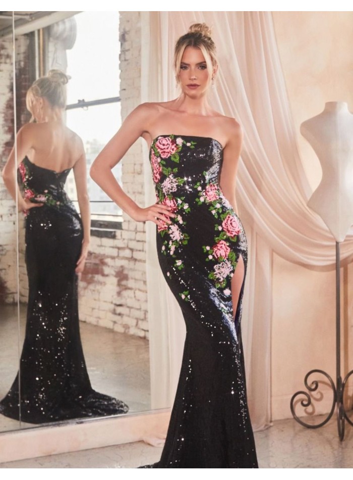 Robe longue de fête avec paillettes et imprimé floral