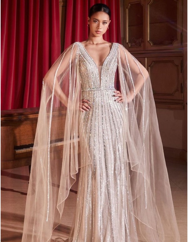 Layered sleeve ball gown with rhinestone embellishment