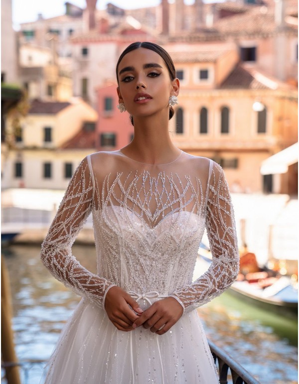 Long princess cut wedding dress with beaded long sleeves