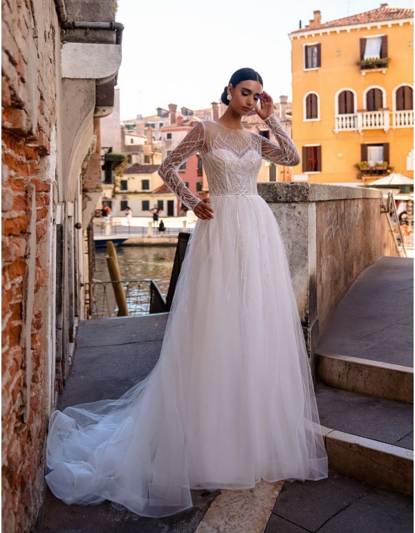 Vestido de novia largo corte princesa con manga larga de... 2