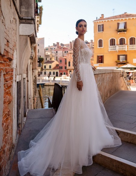 Long princess cut wedding dress with beaded long sleeves