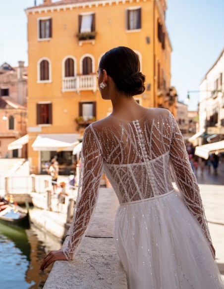 Long princess cut wedding dress with beaded long sleeves