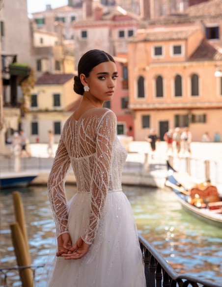 Long princess cut wedding dress with beaded long sleeves