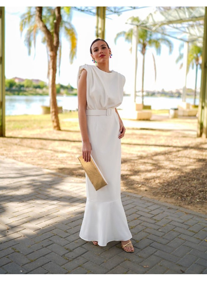 sleeveless white midi dress with ruffle