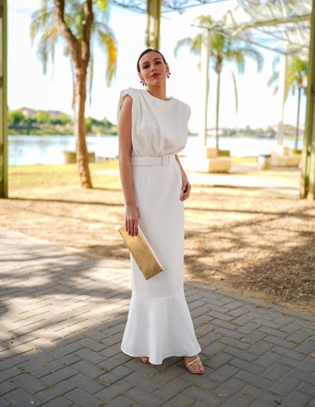 sleeveless white midi dress with ruffle