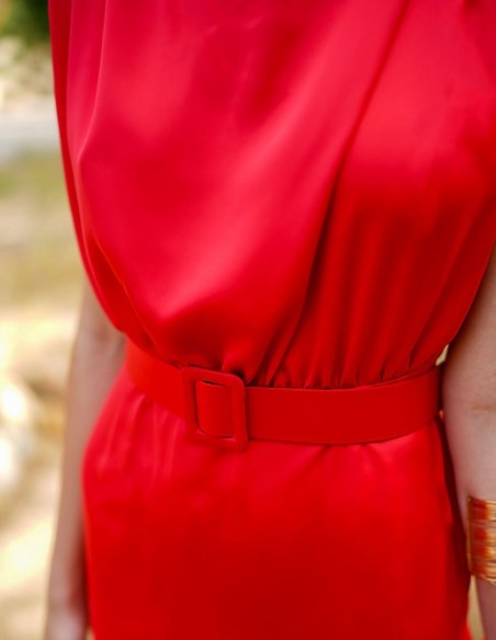 sleeveless red midi party dress with ruffle