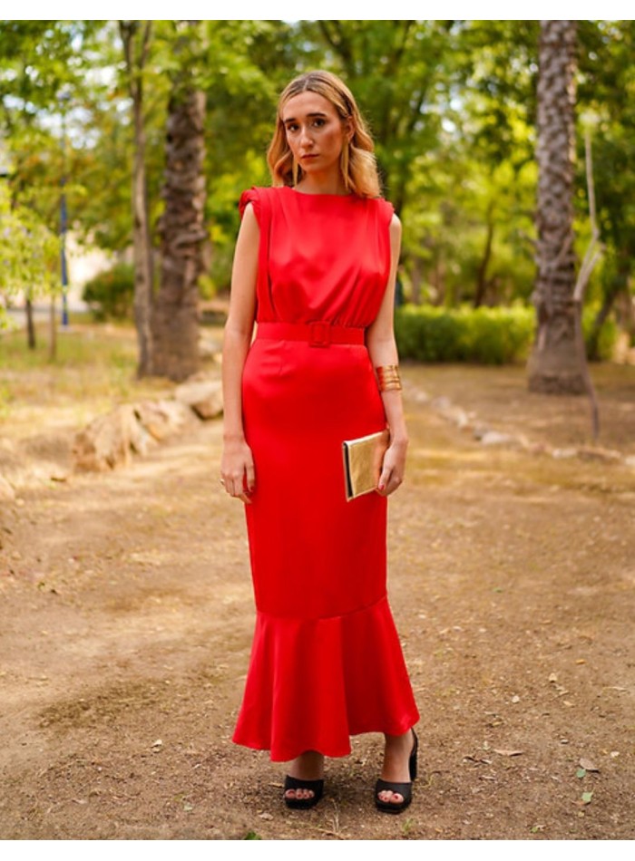 Robe de soirée midi sans manches avec volant, de couleur rouge