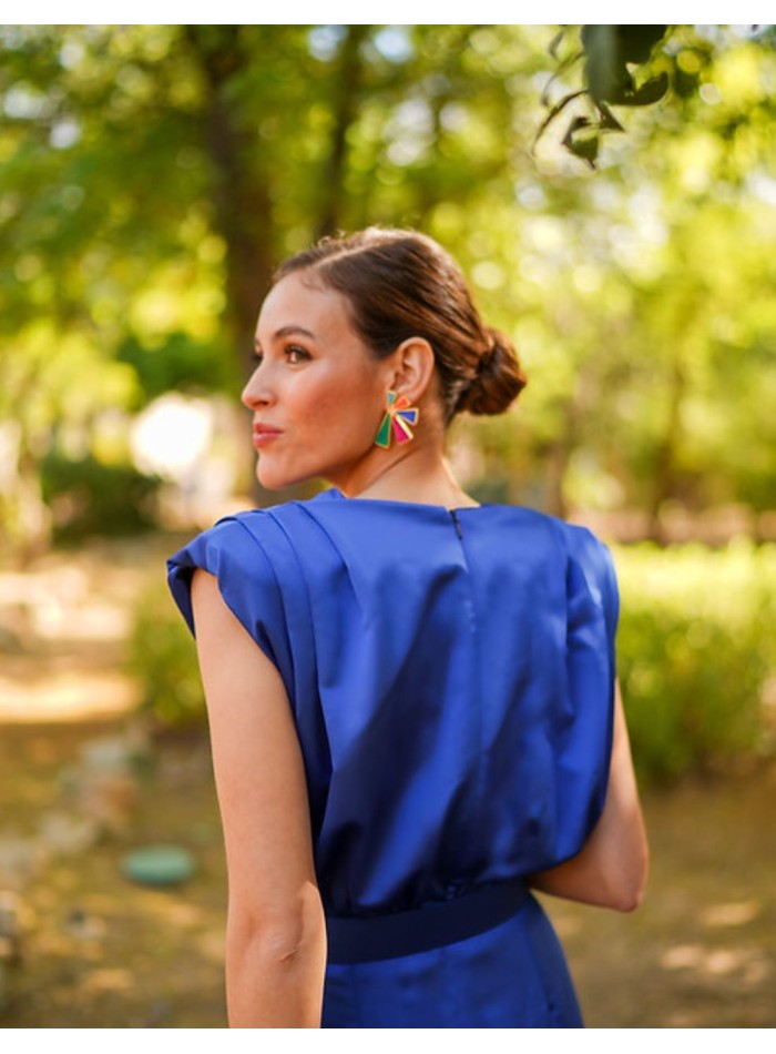 Sleeveless blue midi party dress with ruffle
