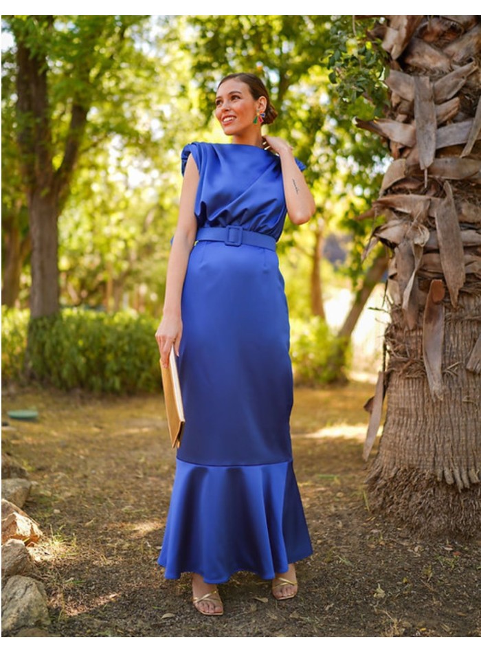 Sleeveless blue midi party dress with ruffle