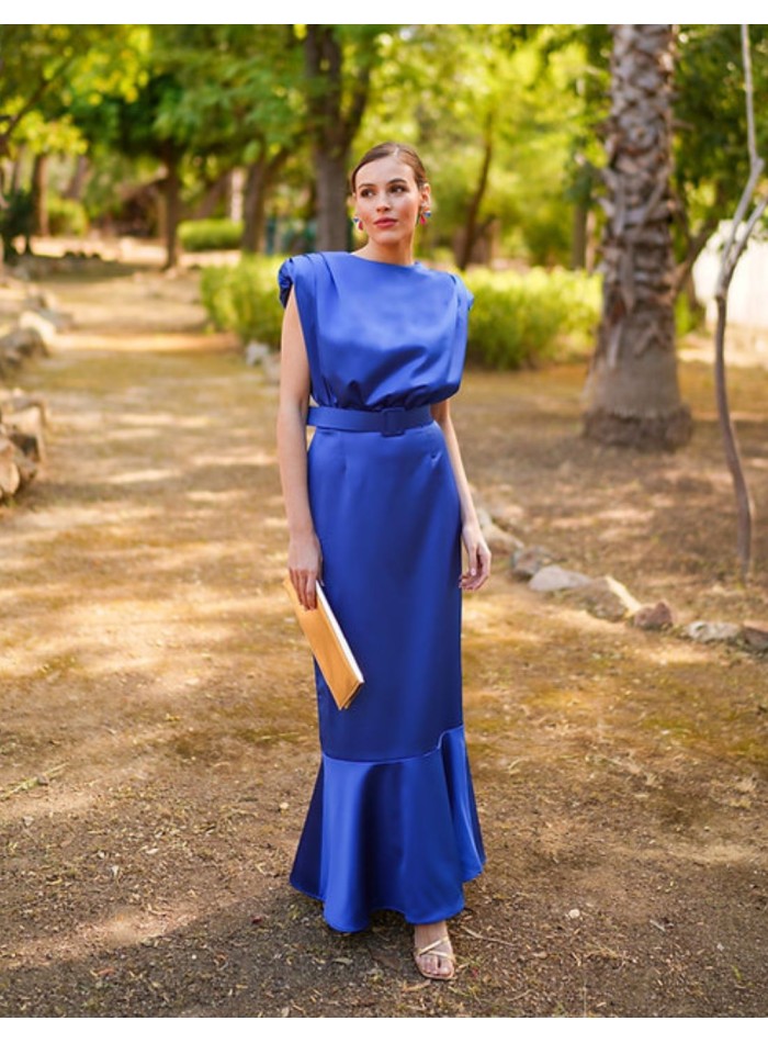 Sleeveless blue midi party dress with ruffle