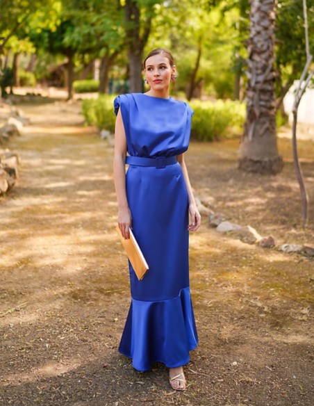 Vestido midi de fiesta azul sin mangas con volante