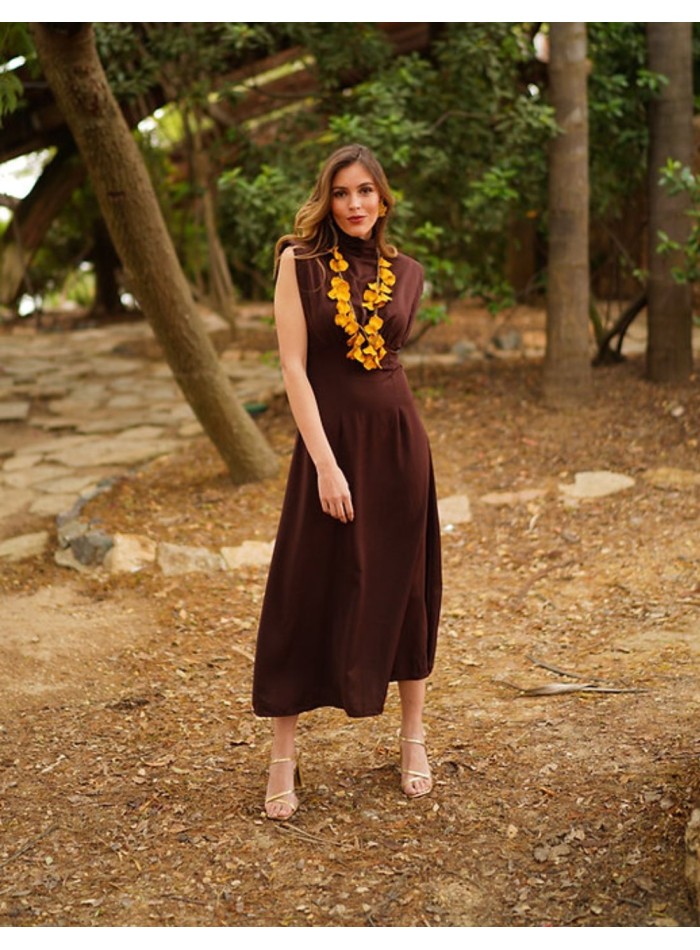 Brown midi dress with shoulder pads and high neckline