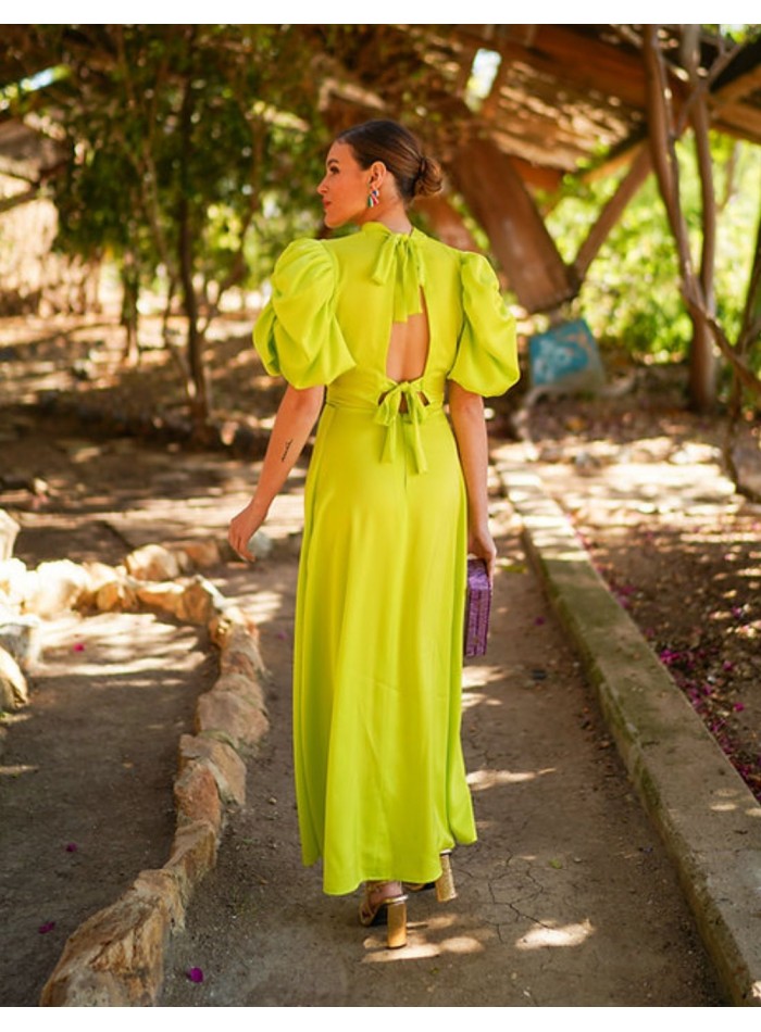 Vestido midi de fiesta con manga corta y lazos...