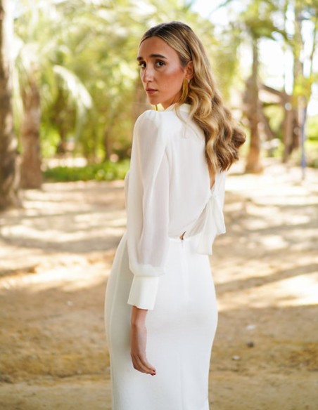 Long sleeve white midi dress with pencil skirt