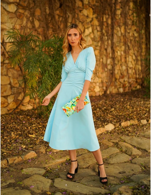 Light blue midi dress with long sleeves and flounce skirt 2