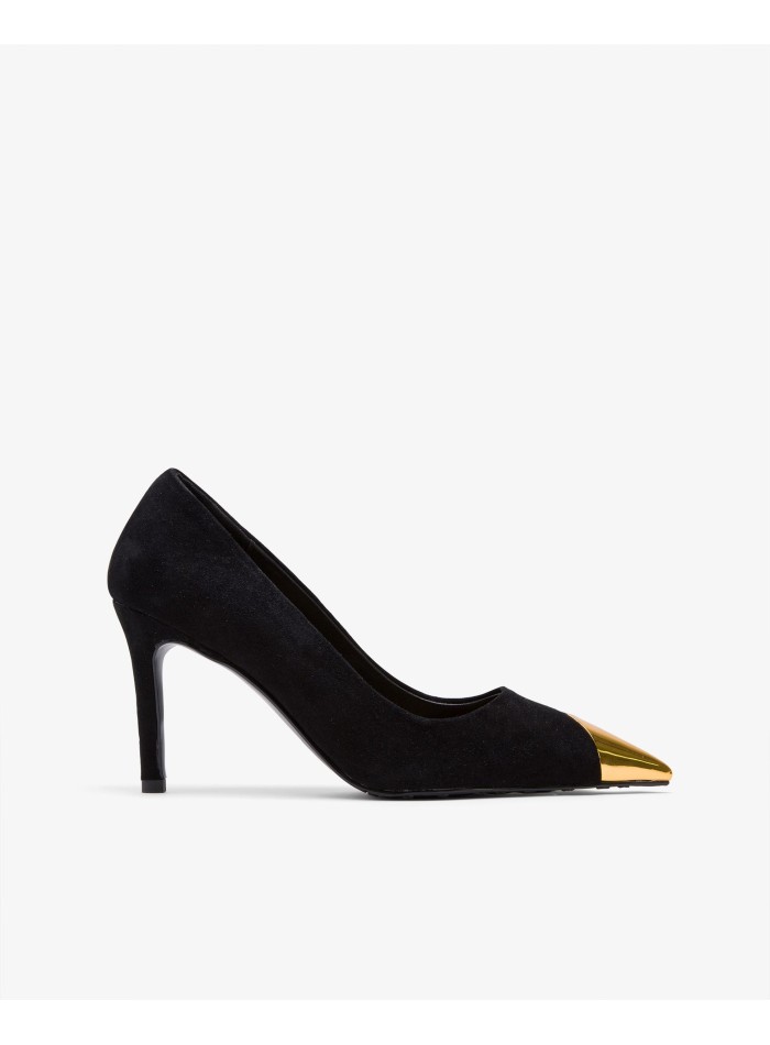 Black suede and gold metallic toe pumps