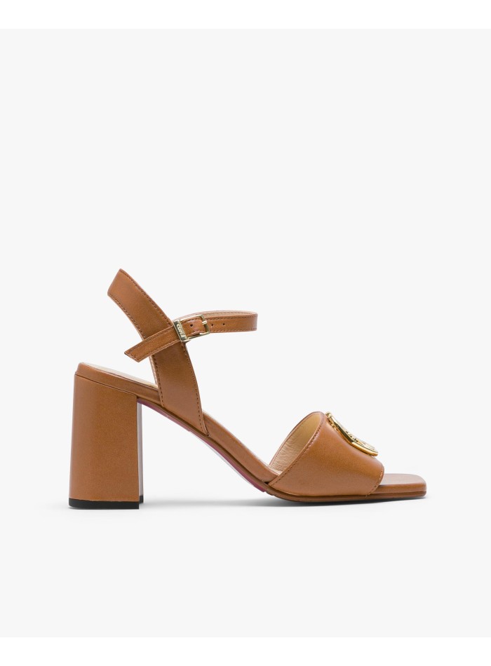 Brown leather mid heeled sandals with logo detail