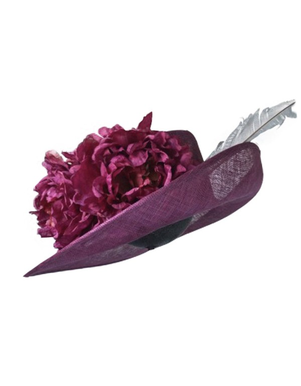 Aubergine flower hat and grey feather Lamatte - 1