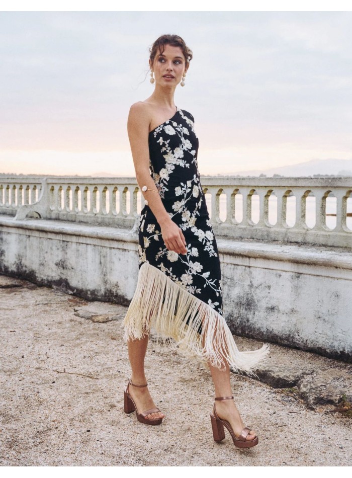 Midi party dress with one sleeve and fringed...