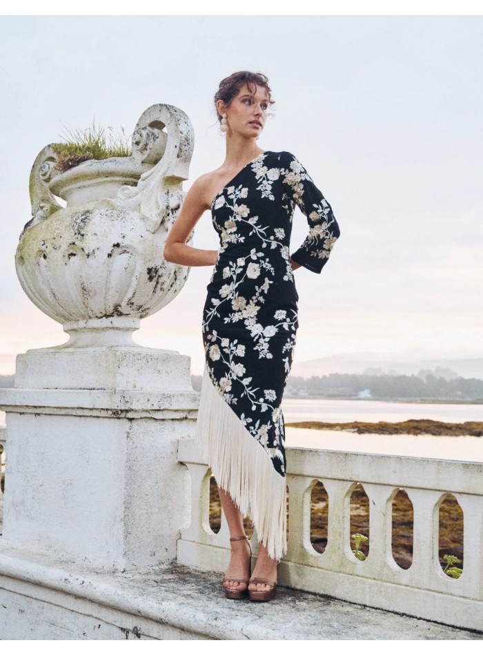Midi party dress with one sleeve and fringed...